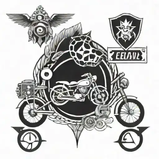 A collage of various symbols representing the client's interests, including a bicycle, drums, Zelda, Goku, and a pokeball tattoo design idea
