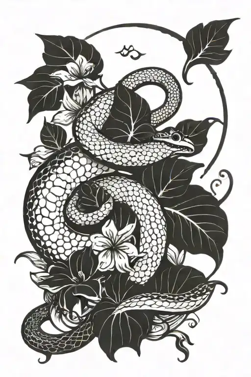 snake, morning glory with moon and stars a tattoo which describes love,loyal,powerful and magical  tattoo design idea