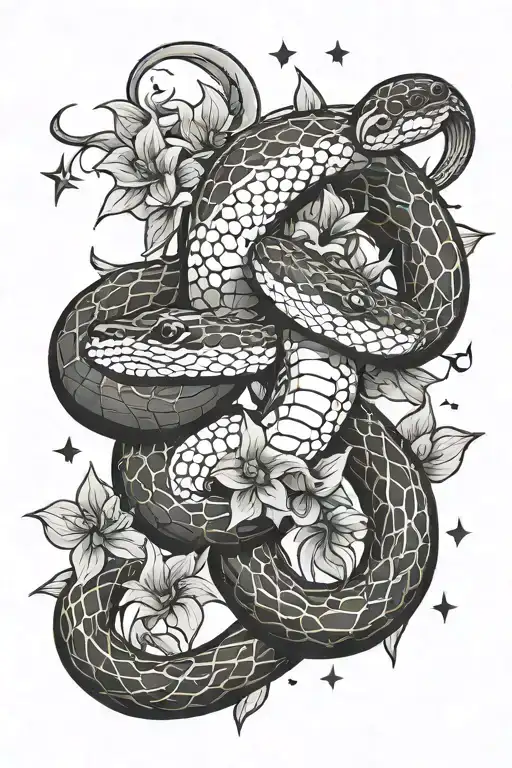 snake, morning glory with moon and stars aim tattoo design idea
