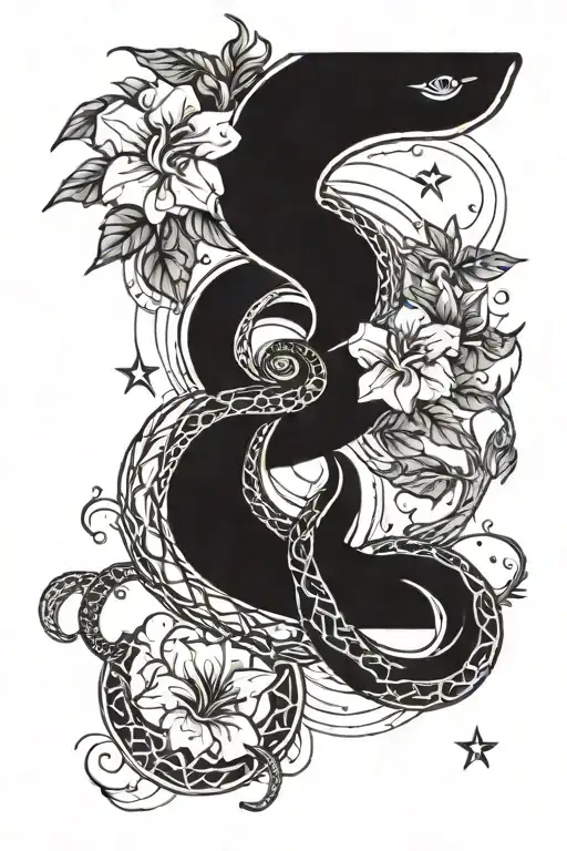 snake, morning glory with moon and stars aim tattoo design idea