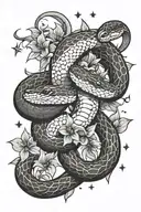 snake, morning glory with moon and stars aim tattoo design idea
