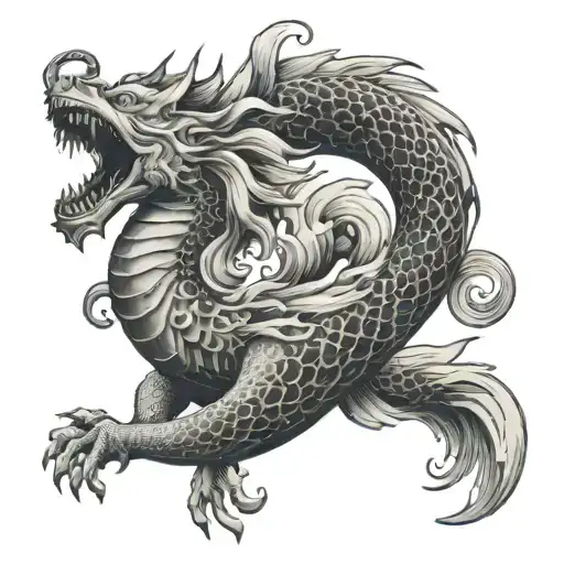 A mystical hippocampus creature with Japanese waves and clouds in a black-grey style tattoo design idea