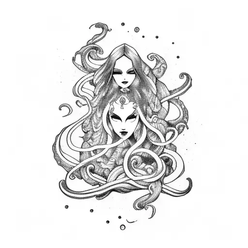 ship with waves mermaid and kraken tattoo design idea