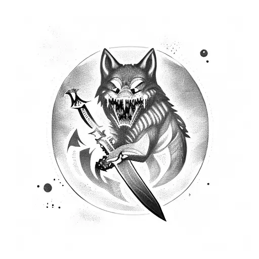 A fierce wolf wielding a sword in its jaws, surrounded by a chessboard and magical symbols tattoo design idea