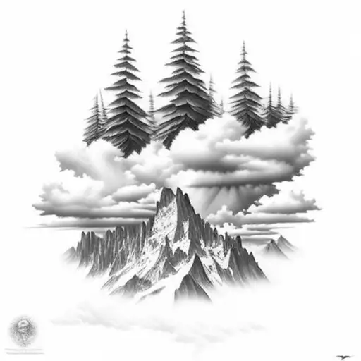 paisaje bosque nubes templo tattoo design idea