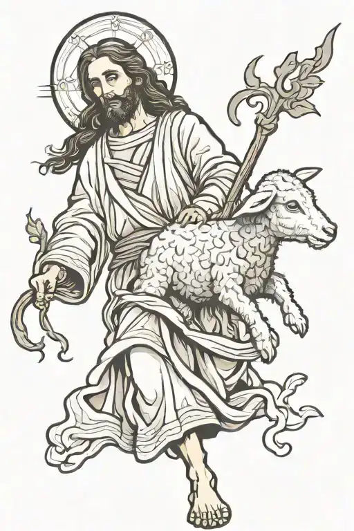 Jesus carrying a lamb looking forward tattoo design idea