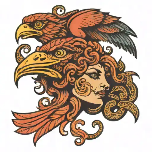 bird and Medusa face tattoo design idea