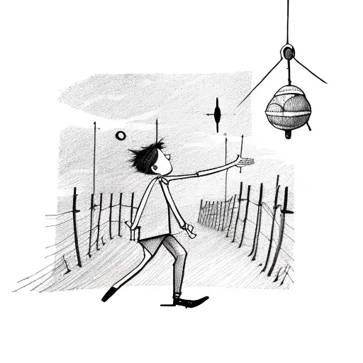 a stickman jumping above a fence and ufos fly above him  tattoo design idea