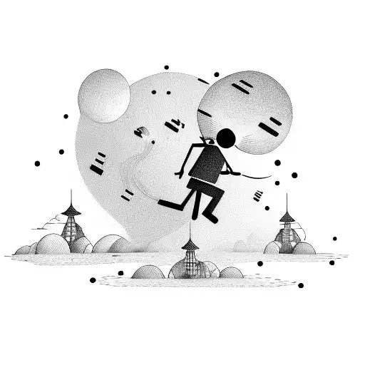 a stickman jumping above a fence and ufos fly above him  tattoo design idea