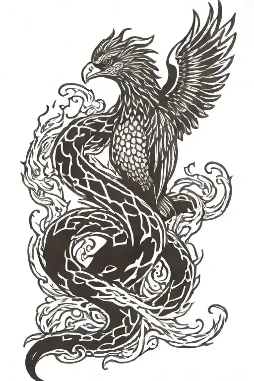 Phoenix rising from flames carrying snake coiled tattoo design idea
