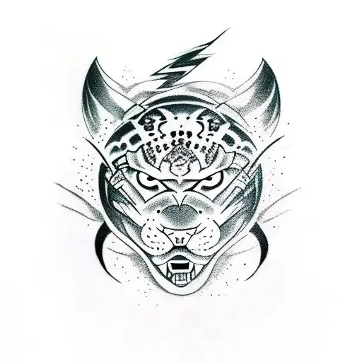 panther with lightning bolt and japanese ronin tattoo design idea