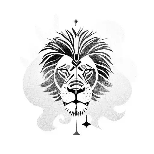 A realistic lion playing the saxophone against a tribal background tattoo design idea