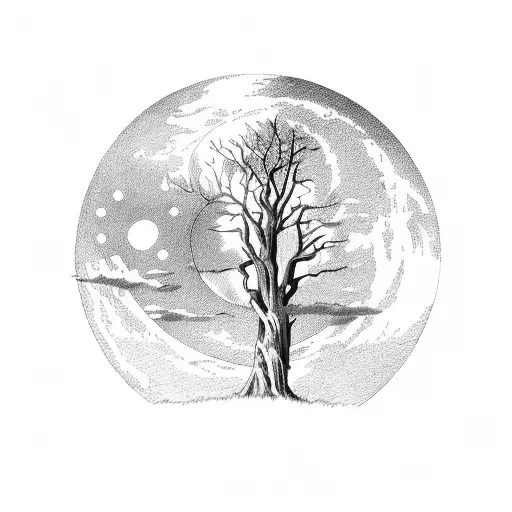 cypress tree and moon tattoo design idea