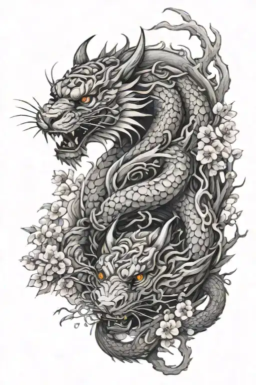 A dragon and tiger intertwined with cherry blossom branches, symbolizing strength and beauty in nature tattoo design idea