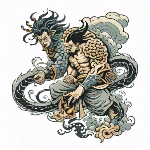 japanese full leg tattoo, raijin and fujin god fight, storm tattoo design idea