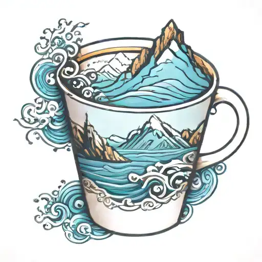 A coffee cup with intricate mountain and ocean designs intertwined tattoo design idea