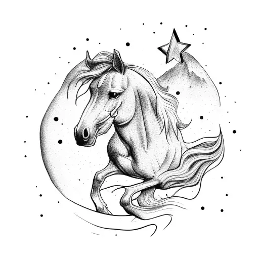 horse running up moutain with sun and stars tattoo design idea