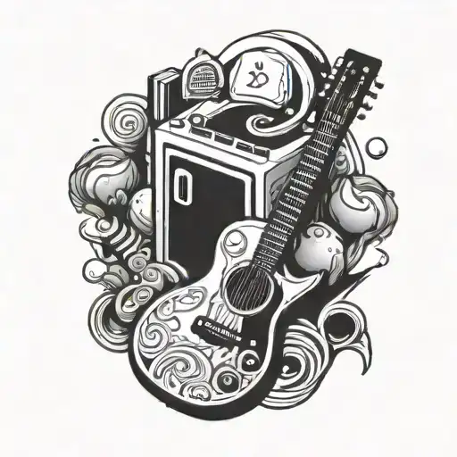 A tattoo design featuring a guitar and a retro video game controller intertwined, with tacos al pastor incorporated into the background tattoo design idea
