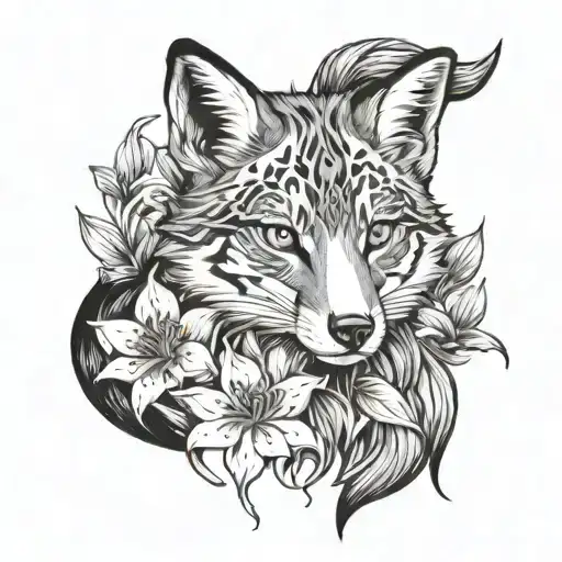 A fox surrounded by tiger lillies in a blackwork style tattoo design idea