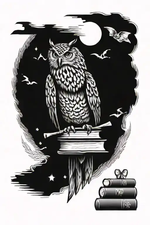 Eagle owl with books and scrolls, raealism, moonlight tattoo design idea