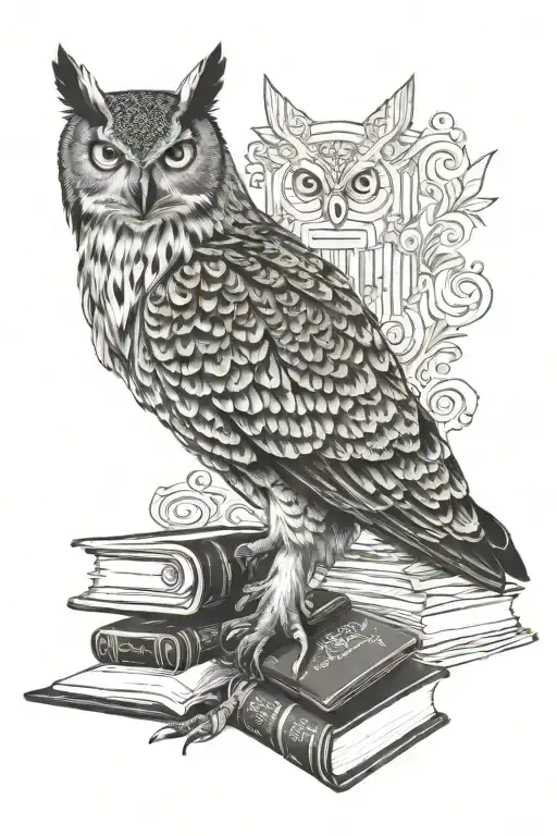 Eagle owl with books, inkwell, pen, ancient scrolls tattoo design idea