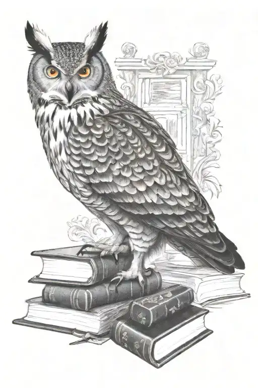 Eagle owl with books, inkwell, pen, ancient scrolls tattoo design idea