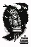 Eagle owl with books and scrolls, raealism, moonlight tattoo design idea