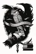 Eagle owl with books and scrolls, raealism, moonlight tattoo design idea