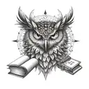 Eagle owl with books, inkwell, pen, ancient scrolls tattoo design idea