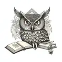 Eagle owl with books, inkwell, pen, ancient scrolls tattoo design idea