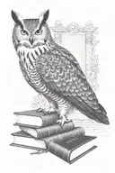 Eagle owl with books, inkwell, pen, ancient scrolls tattoo design idea