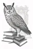 Eagle owl with books, inkwell, pen, ancient scrolls tattoo design idea