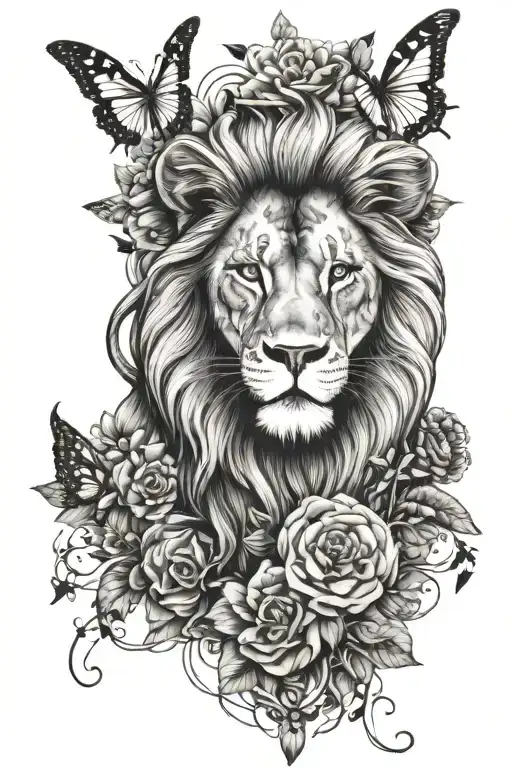 lion, butterflies, flowers, snake, skull, compass, wings tattoo design idea