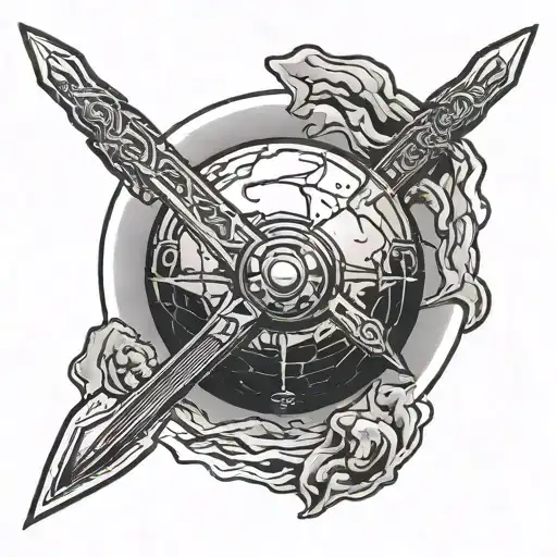 the planet mars with crossed knives behind it  tattoo design idea