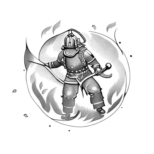 A Norwegian firefighter battling flames with a viking helmet and shield, surrounded by weed plants tattoo design idea