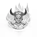 A Norwegian firefighter battling flames with a viking helmet and shield, surrounded by weed plants tattoo design idea