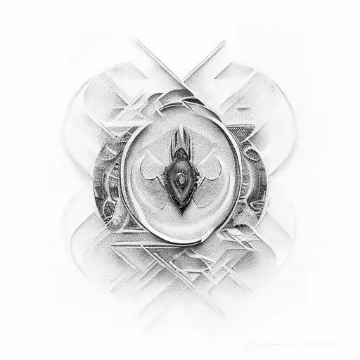 An abstract design combining the shapes of fish, motorcycle parts, and feminine silhouettes, with the phrase 'Всяко зло е за добро' subtly hidden within the composition tattoo design idea