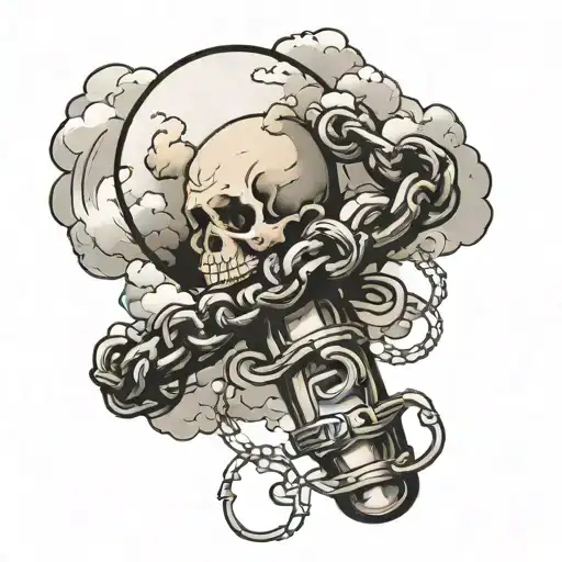 Forearm tattoo that has a chain wrapped around the arm with a ring on it, clouds in the background slightly above and ha tattoo design idea