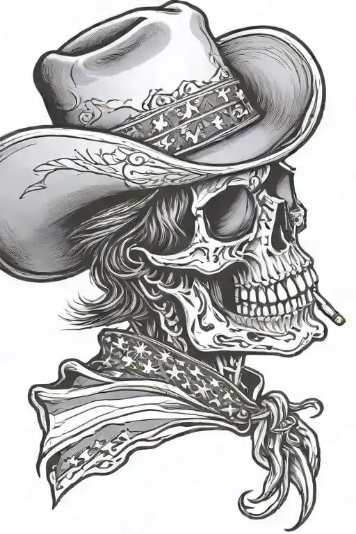 Side profile Cowboy Skull with Cowboy Hat and Sunglasses Smoking with American Flag in Black and White tattoo design idea