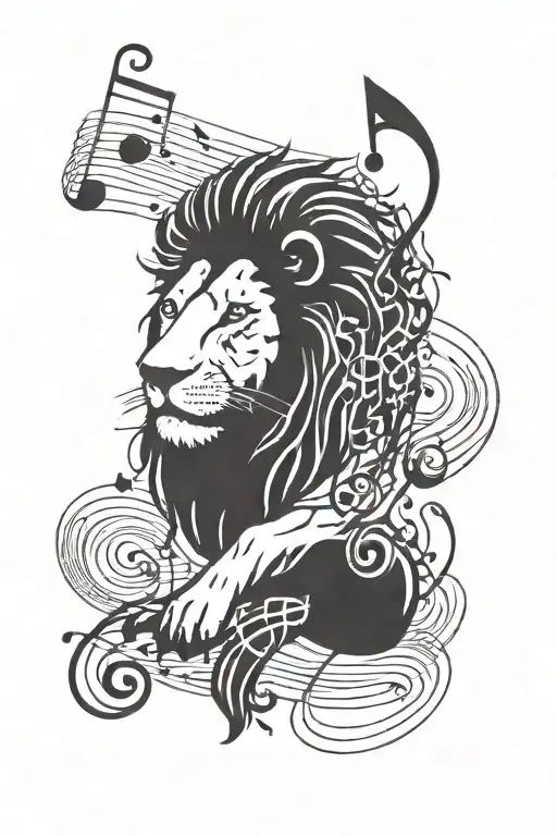 lion and music notes flowing tattoo design idea