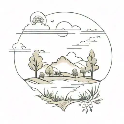 A minimalist tattoo of a serene countryside landscape with hidden supernatural elements tattoo design idea