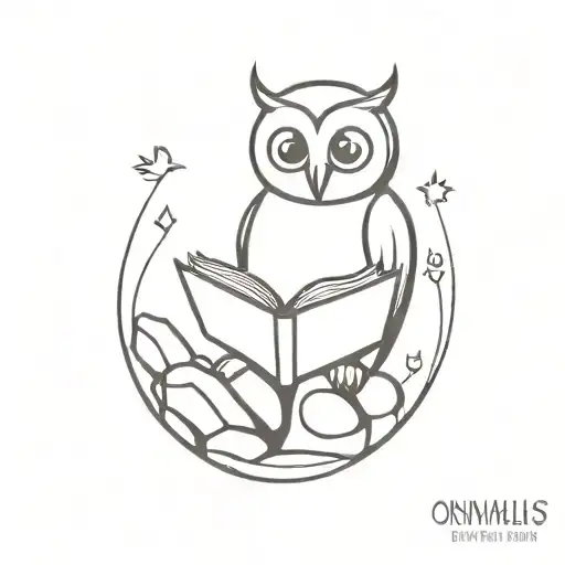 A minimalist tattoo of an owl reading a book, with a rock music theme incorporated into the design tattoo design idea
