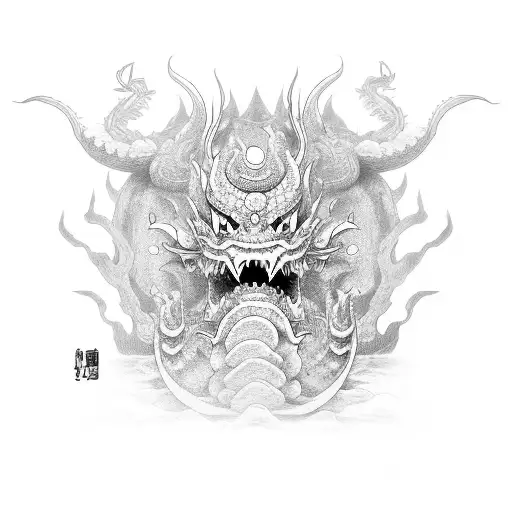 mascara oni, un dragon japones, y unas katanas tattoo design idea