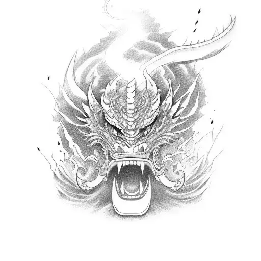 samurai con una mascara oni enfrentando a un dragon japones, y unas katanas tattoo design idea