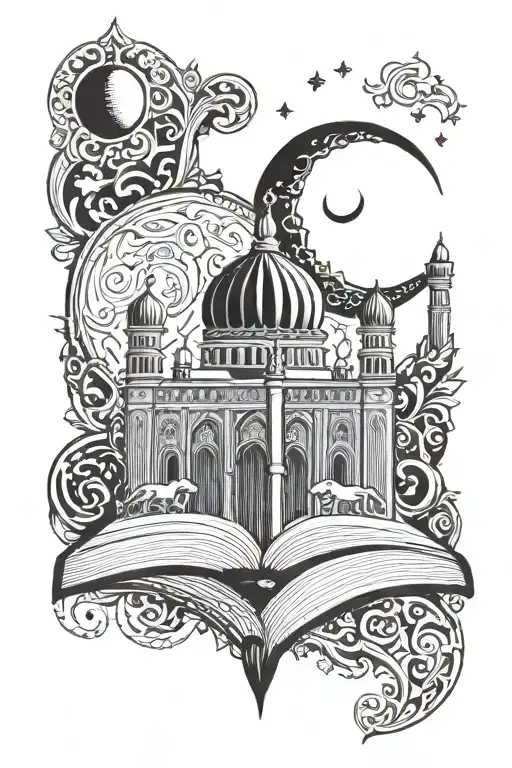 holding a quran with a mosque and a crescent moon surrounded for a man  tattoo design idea