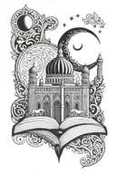 holding a quran with a mosque and a crescent moon surrounded for a man  tattoo design idea