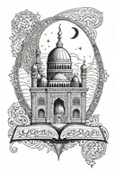 holding a quran with a mosque and a crescent moon surrounded for a man  tattoo design idea