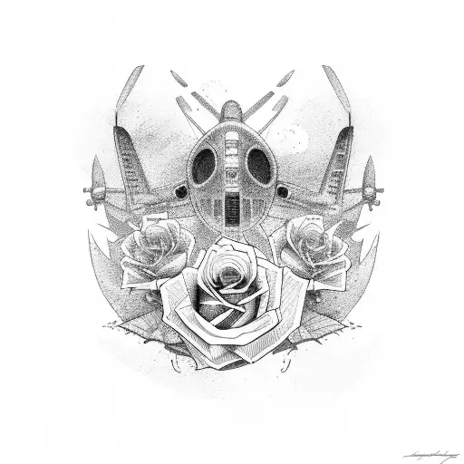 aircraft and rose tattoo design idea
