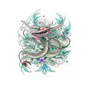 butterfly, dragon, praying mantis, dinoaur, snow leopard, vines flowers gemstones tattoo design idea
