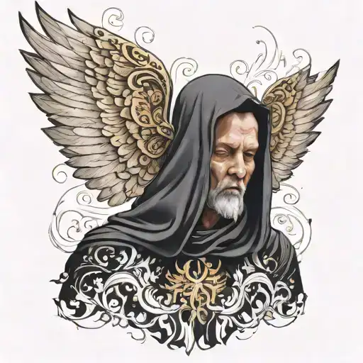 a seraphim with four wings, in a black robe with golden details. Its hidden face is covered by small wings.  tattoo design idea